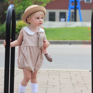 Baby Girl Linen Romper, Baby Easter, Pink Bubble Romper, Peter Pan Collar, 1st Birthday Outfit, Cake Smash, Baby Shower Gift, Baby Playsuit image 4