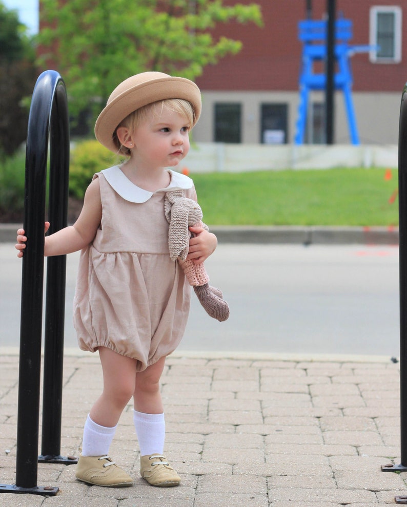 Baby Girl Linen Romper, Baby Easter, Pink Bubble Romper, Peter Pan Collar, 1st Birthday Outfit, Cake Smash, Baby Shower Gift, Baby Playsuit image 4