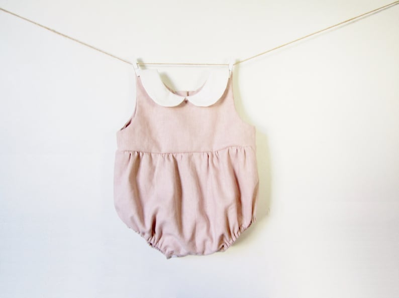 Baby Girl Linen Romper, Baby Easter, Pink Bubble Romper, Peter Pan Collar, 1st Birthday Outfit, Cake Smash, Baby Shower Gift, Baby Playsuit image 2