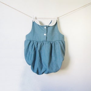 Baby Linen Romper for Boys and Girls with Peter Pan Collar, Teal Blue, Dusty Blue Baby Boy Romper, Baby Girl Romper, Baby Shower for Boys image 2