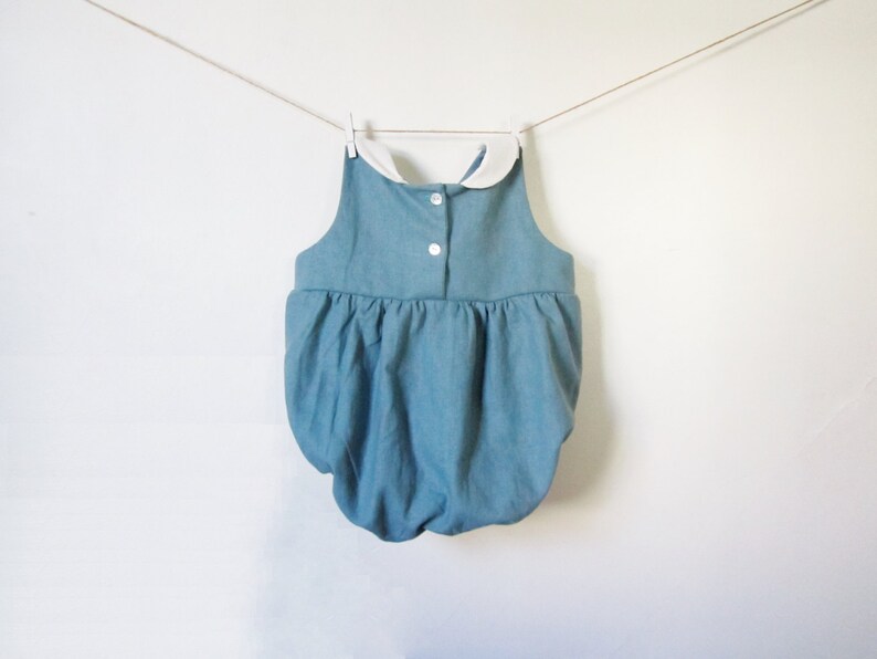 Baby Linen Romper for Boys and Girls with Peter Pan Collar, Teal Blue, Dusty Blue Baby Boy Romper, Baby Girl Romper, Baby Shower for Boys image 2