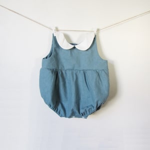 Baby Linen Romper for Boys and Girls with Peter Pan Collar, Teal Blue, Dusty Blue Baby Boy Romper, Baby Girl Romper, Baby Shower for Boys image 1