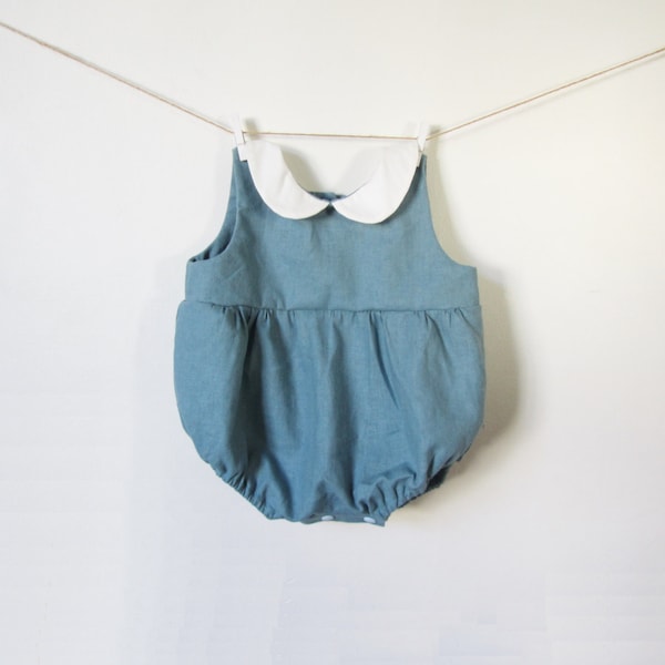Baby Linen Romper for Boys and Girls with Peter Pan Collar, Teal Blue, Dusty Blue Baby Boy Romper, Baby Girl Romper, Baby Shower for Boys