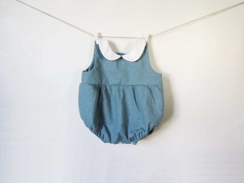 Baby Linen Romper for Boys and Girls with Peter Pan Collar, Teal Blue, Dusty Blue Baby Boy Romper, Baby Girl Romper, Baby Shower for Boys image 1