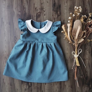 Baby Girls Blue Dress, Girls Linen Dress, Teal Blue Outfit, Dusty Blue dress, Flutter Sleeve, Peter Pan Collar, 1st Birthday, Photo Shoot image 4