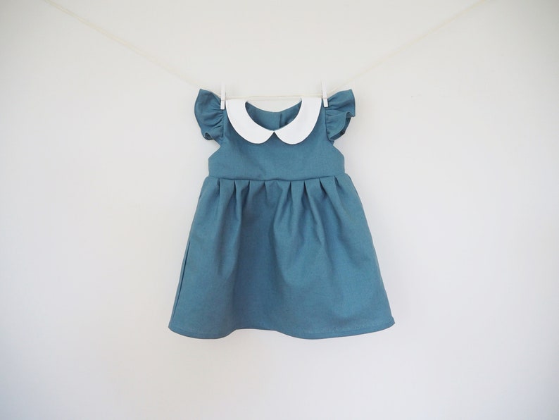 Baby Girls Dress with Matching Bloomer Set, Girls Linen Dress, Teal Blue dress, Flutter Sleeve Peter Pan Collar, Toddler Dress, 1st Birthday image 2