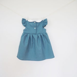 Baby Girls Blue Dress, Girls Linen Dress, Teal Blue Outfit, Dusty Blue dress, Flutter Sleeve, Peter Pan Collar, 1st Birthday, Photo Shoot image 2