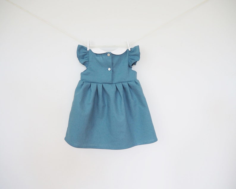 Baby Girls Dress with Matching Bloomer Set, Girls Linen Dress, Teal Blue dress, Flutter Sleeve Peter Pan Collar, Toddler Dress, 1st Birthday image 3