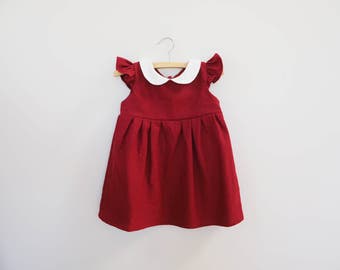 Baby Christmas Dress, Baby Linen Dress, Baby Girl Red Dress, Toddler Dress, Girls Red Dress, Burgundy Red, 1st Christmas, Santa Photo