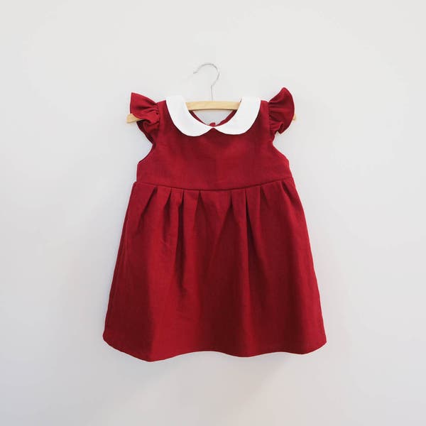 Baby Christmas Dress, Baby Linen Dress, Baby Girl Red Dress, Toddler Dress, Girls Red Dress, Burgundy Red, 1st Christmas, Santa Photo