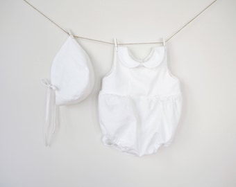 Baptism Outfit for Baby Boy and Baby Girl, White Baby Romper and Bonnet set, Christening outfit, Coming Home, Wedding, Baby Shower, Newborn