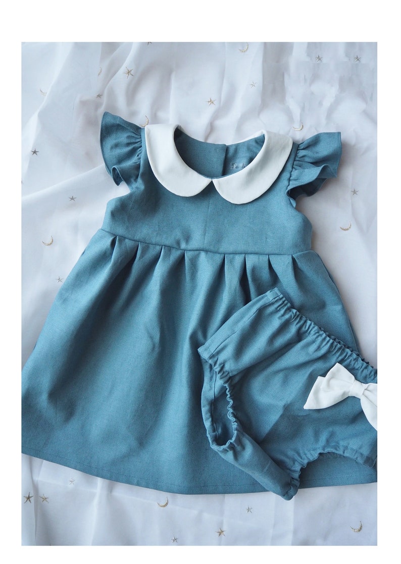 Baby Girls Dress with Matching Bloomer Set, Girls Linen Dress, Teal Blue dress, Flutter Sleeve Peter Pan Collar, Toddler Dress, 1st Birthday image 1