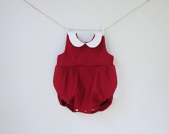 Baby Christmas Red Romper, Burgundy Linen Girl baby romper, Baby Girl First Christmas Outfit, 1st Birthday Outfit, Baby Christmas Photo Prop