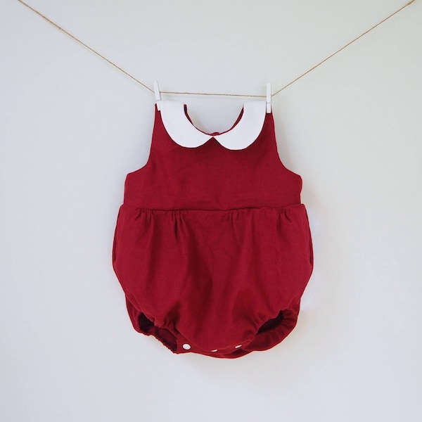 Baby Christmas Red Romper, Burgundy Linen Girl baby romper, Baby Girl First Christmas Outfit, 1st Birthday Outfit, Baby Christmas Photo Prop