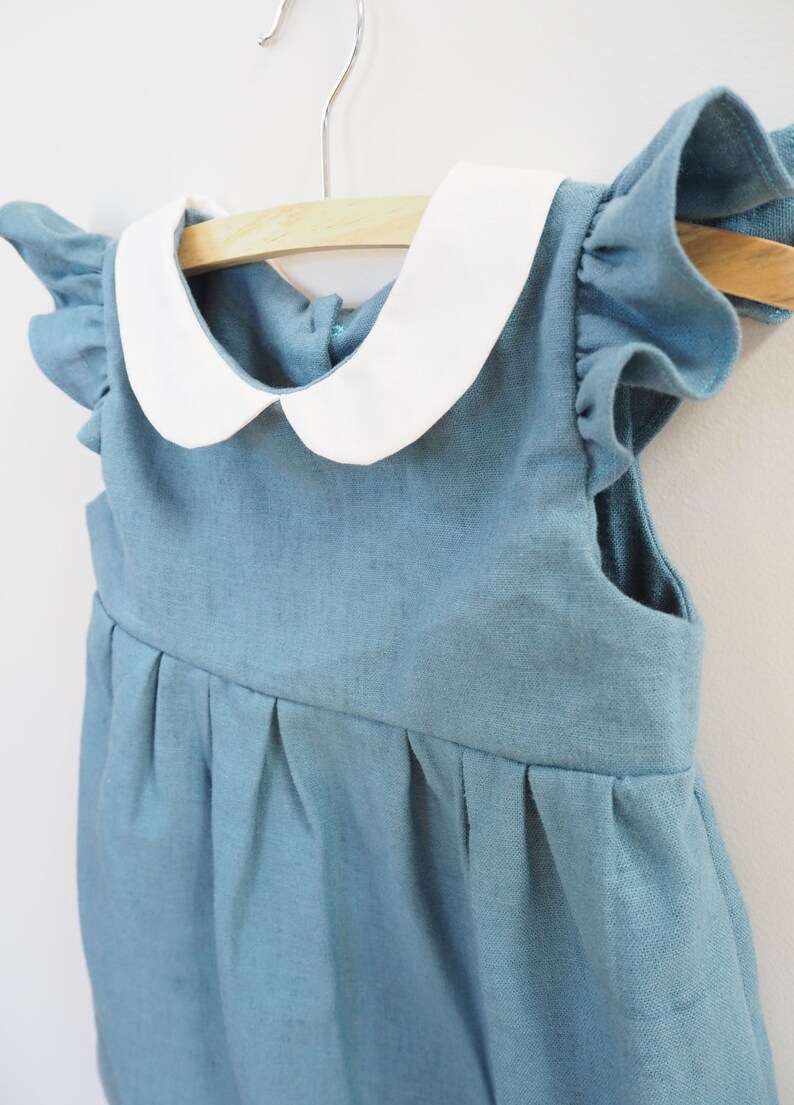 Baby Girls Dress Girls Linen Dress Dusty Blue Dress White Etsy