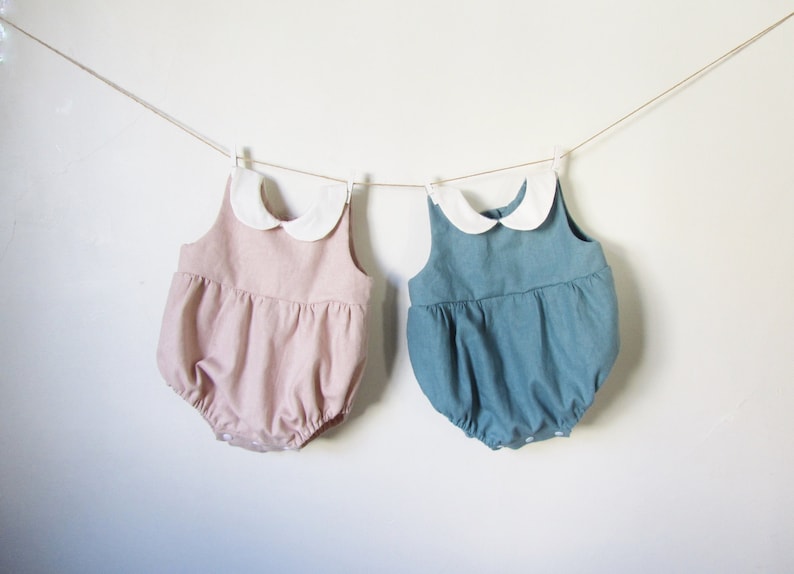 Baby Linen Romper for Boys and Girls with Peter Pan Collar, Teal Blue, Dusty Blue Baby Boy Romper, Baby Girl Romper, Baby Shower for Boys image 5