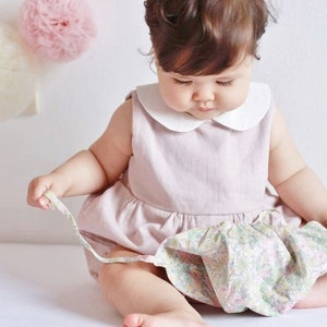 Baby Girl Linen Romper, Baby Easter, Pink Bubble Romper, Peter Pan Collar, 1st Birthday Outfit, Cake Smash, Baby Shower Gift, Baby Playsuit image 1