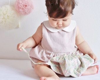 Baby Girl Pink Romper, Linen Baby Easter Outfit, Baby Linen Romper, Dusty Pink Boho Baby, Peter Pan Collar, Baby shower, 1st Birthday