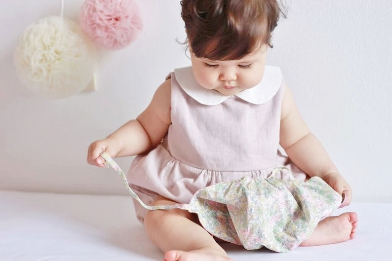 Baby Girl Linen Romper, Baby Easter, Pink Bubble Romper, Peter Pan Collar, 1st Birthday Outfit, Cake Smash, Baby Shower Gift, Baby Playsuit image 1