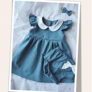 Baby Girls Blue Dress, Girls Linen Dress, Teal Blue Outfit, Dusty Blue dress, Flutter Sleeve, Peter Pan Collar, 1st Birthday, Photo Shoot image 6