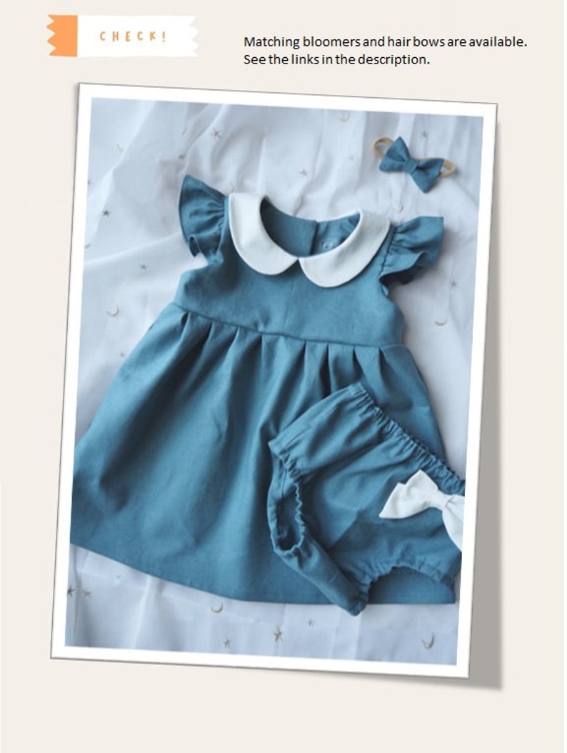 Baby Girls Blue Dress, Girls Linen Dress, Teal Blue Outfit, Dusty Blue dress, Flutter Sleeve, Peter Pan Collar, 1st Birthday, Photo Shoot image 6