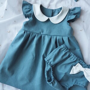 Baby Girls Dress with Matching Bloomer Set, Girls Linen Dress, Teal Blue dress, Flutter Sleeve Peter Pan Collar, Toddler Dress, 1st Birthday image 5