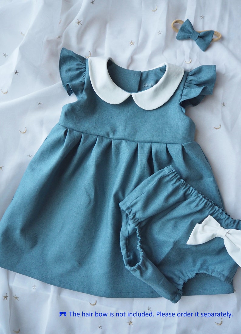 Baby Girls Dress with Matching Bloomer Set, Girls Linen Dress, Teal Blue dress, Flutter Sleeve Peter Pan Collar, Toddler Dress, 1st Birthday image 5