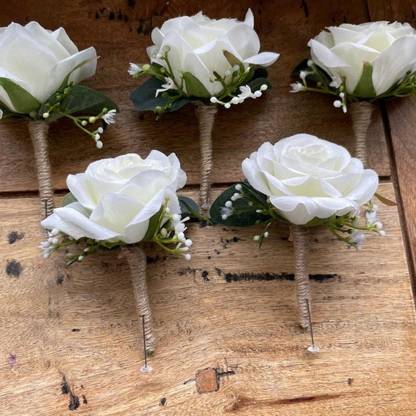 Lot de 6 roses en soie artificielle blanc ivoire de luxe (PAS DE MOUSSE) boutonnières de mariage en eucalyptus gypsophile, boutonnière rose ivoire, effet réel