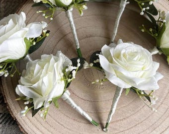 MULTIBUY - Ivory White Silk Rose Wedding Buttonholes: Eucalyptus Gypsophila Satin Ribbon Boutonniere