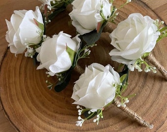 Single Real Look White Silk Rose Buttonhole with Gypsophila and Eucalyptus, Rustic Style Wedding Buttonhole Boutonniere