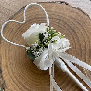 Ivory White Silk Rose Gypsophila Flower Girl HEART Wand, Ivory Satin Ribbon, Ivory Organza Ribbon, Bridesmaid Flowers, Flower Wand