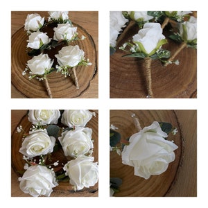 White Silk Rose & Gypsophila Wedding Buttonhole,  Rustic Single Rose Real Look Boutonniere Buttonhole, Wedding Flowers