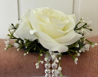Ivory Rose Wrist Corsage: Faux Pearl Bracelet, Fresh Look Corsage Wedding Flowers