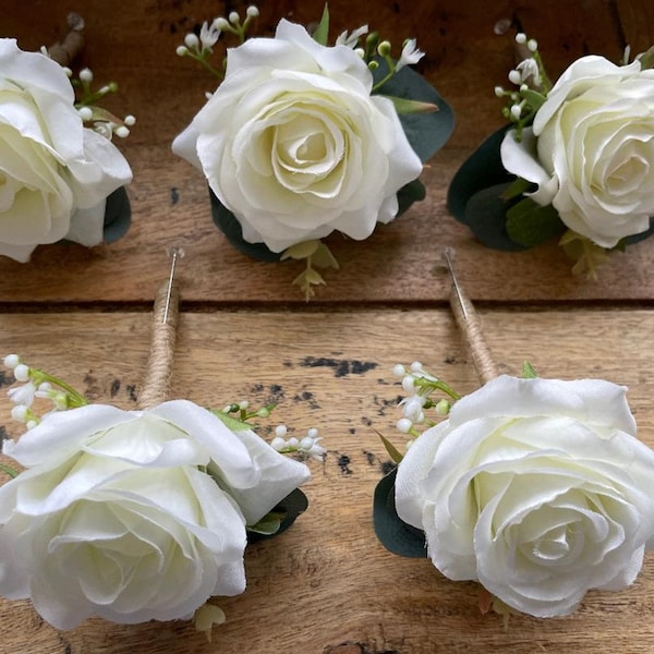 Lot de 10 boutonnières de mariage en soie blanche de luxe (pas de mousse) IVOIRE, roses et gypsophiles, boutonnière rose rustique, boutonnière rose véritable