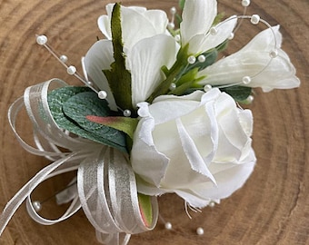 Mother of the Bride or Groom Rose and Freesia Pearl Corsage , Ladies Silk Floral Wedding Corsage Boutonniere Buttonhole