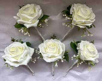 Ivory White Silk Rose Wedding Buttonhole: Eucalyptus, Gypsophila & Satin Ribbon Boutonniere