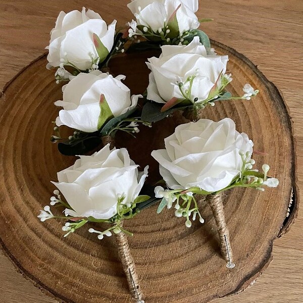 10 boutonnières de mariage en soie (pas en mousse) globe blanc, roses et gypsophile, *** OFFRE FORFAIT *** boutonnière de mariage de style campagnard rustique