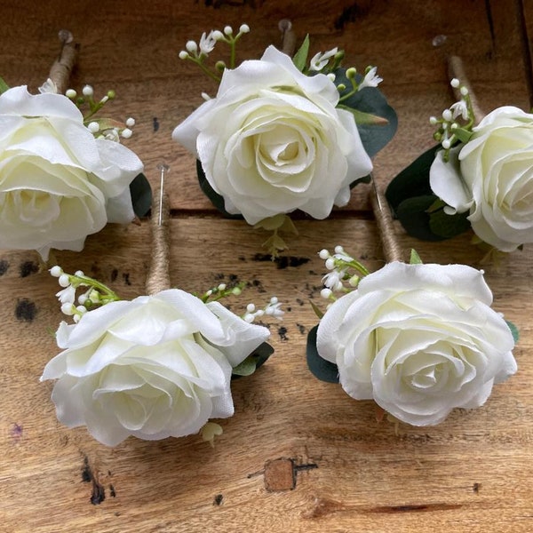 Lot de 8 boutonnières de mariage de luxe en soie blanche IVOIRE, roses blanches et gypsophile, boutonnière rose artificielle ivoire rustique