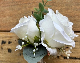 Double Rose Buttonhole Ivory White Wedding Corsage, Buttonhole Boutonniere