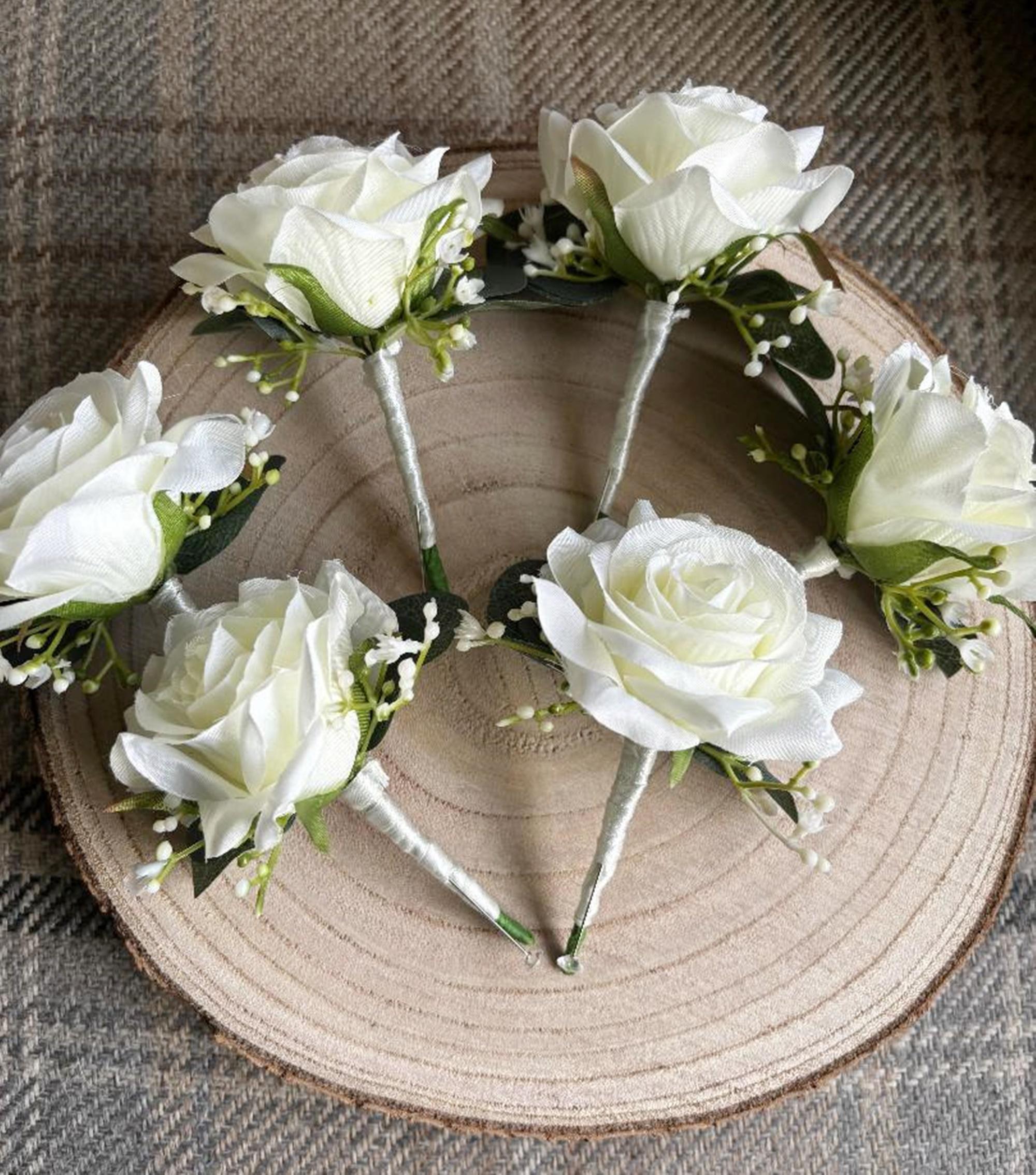 Ivory White Silk Rose Wedding Buttonhole: Eucalyptus, Gypsophila ...