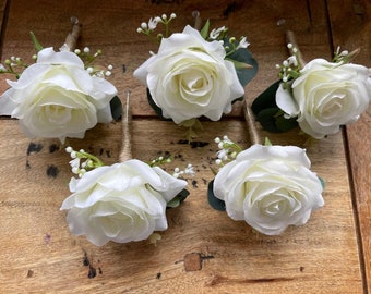 PACK of 5 x Luxury IVORY WHITE Artificial Silk Rose, Eucalyptus, Gypsophila Wedding Buttonholes, Real Look Rose Buttonhole