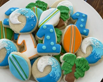 2 Dozen Mini Beach/Surf Birthday Decorated Cookies Set