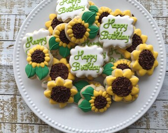 2 Dozen Mini Sunflower Birthday Decorated Cookies