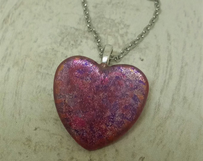 Hand Painted Glass Heart Necklace - Heart Pendant - Pink Heart - Valentine Gift