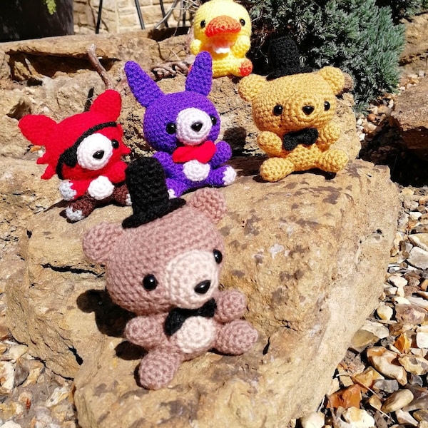 Freddy, Golden Freddy, Foxy, Bonnie, and Chica - Crocheted FNAF amigurumi plushies