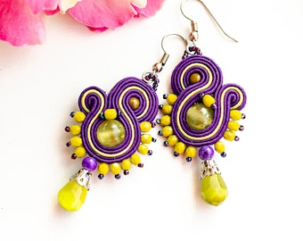 Purple and green summer soutache earrings for women, small  colorful beaded earrings, minimalist teardrop everyday earrings, gift for her