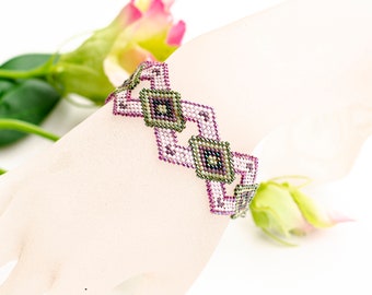 Native american Miyuki beaded bracelet, dainty brick stitch bracelet for women, green pink purple geometric cuff bracelet, gift for her