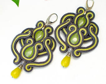 Oversized openwork green-gray earrings, distinctive evening soutache earrings, elegant green jade ooak jewelry,  birthday gift for her