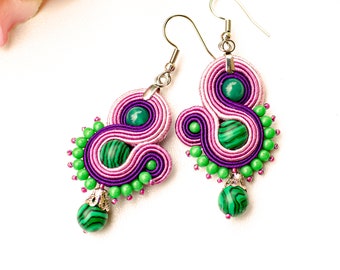 Small purple green soutache earrings for women, handmade beaded everyday earrings, dangle malachite earrings for summer gown, gift for her