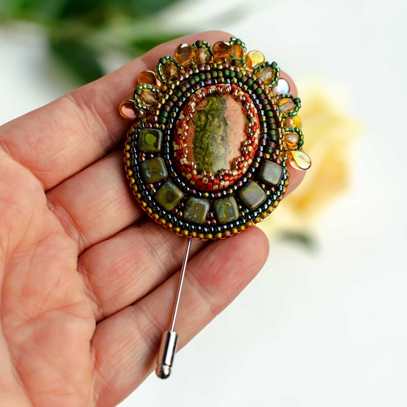 Bead embroidery brooch rustic green reddish brown beaded Etsy